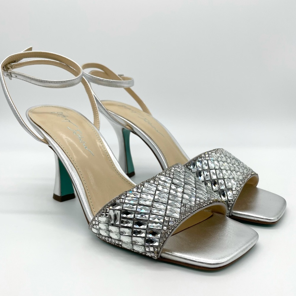 Betsey Johnson Silver Rhinestone Heels Glam Strappy Sandals, Metallic Party 9